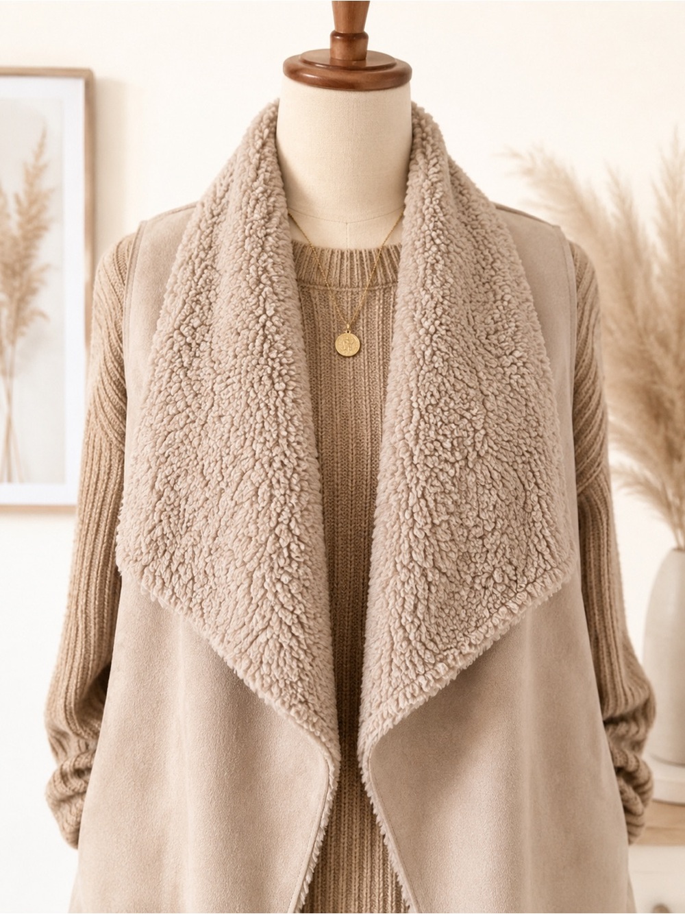 Sherpa Waterfall Vest Cream Faux Suede Open Front Boho Western Cozy